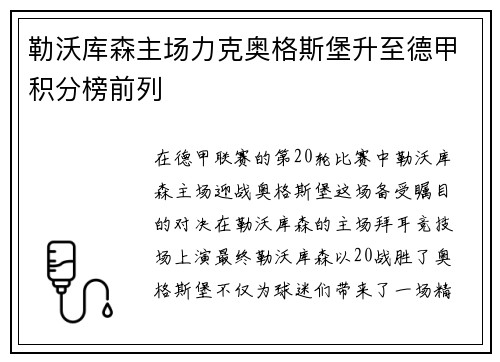 勒沃库森主场力克奥格斯堡升至德甲积分榜前列