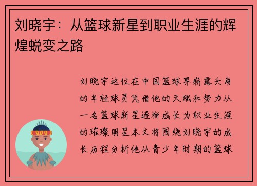 刘晓宇：从篮球新星到职业生涯的辉煌蜕变之路