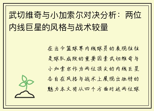武切维奇与小加索尔对决分析：两位内线巨星的风格与战术较量