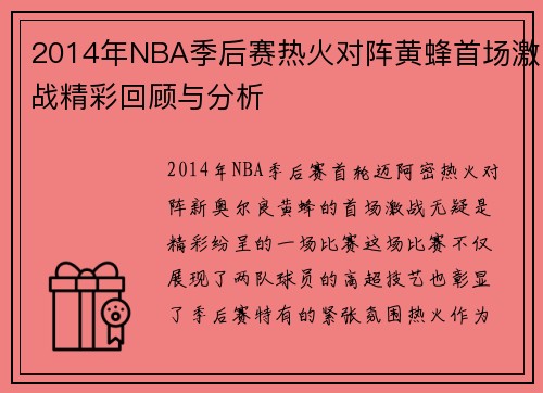 2014年NBA季后赛热火对阵黄蜂首场激战精彩回顾与分析