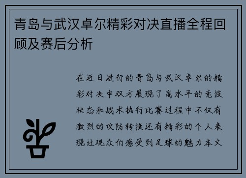 青岛与武汉卓尔精彩对决直播全程回顾及赛后分析