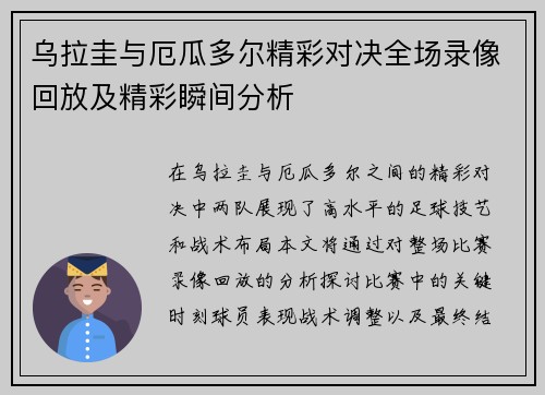 乌拉圭与厄瓜多尔精彩对决全场录像回放及精彩瞬间分析