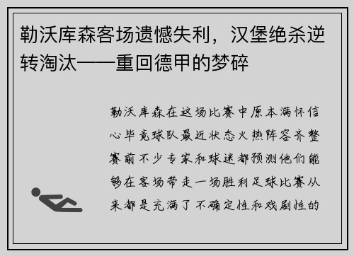 勒沃库森客场遗憾失利，汉堡绝杀逆转淘汰——重回德甲的梦碎