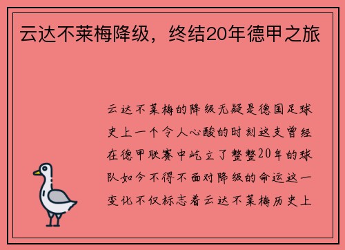 云达不莱梅降级，终结20年德甲之旅