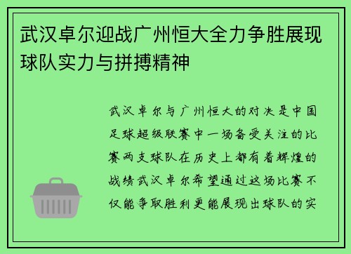 武汉卓尔迎战广州恒大全力争胜展现球队实力与拼搏精神