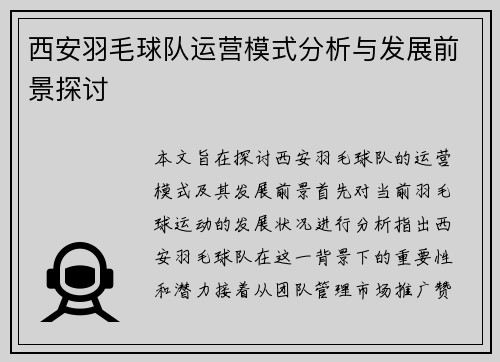 西安羽毛球队运营模式分析与发展前景探讨