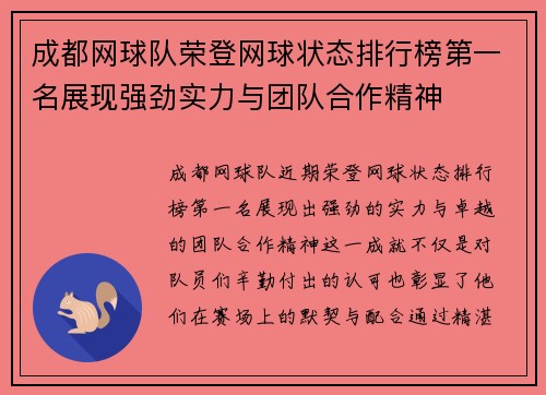 成都网球队荣登网球状态排行榜第一名展现强劲实力与团队合作精神