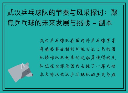 武汉乒乓球队的节奏与风采探讨：聚焦乒乓球的未来发展与挑战 - 副本