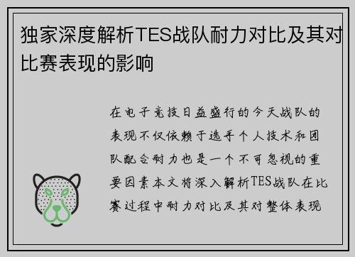 独家深度解析TES战队耐力对比及其对比赛表现的影响